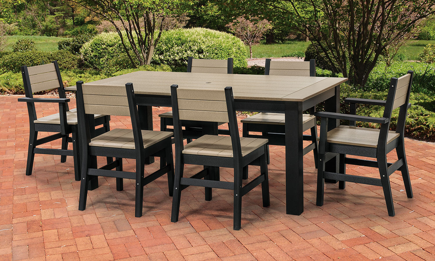 EC Woods Acadia Dining Height Outdoor Poly Furniture Set Shown in Weathered Wood and Black