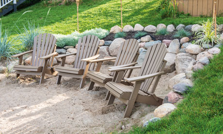 EC Woods Saranac Traditional Folding Adirondack Outdoor Poly Chairs Shown in Weathered Wood