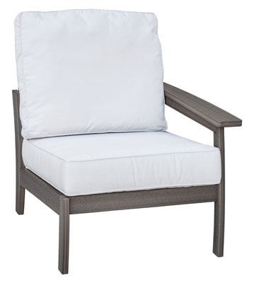 EC Woods Calistoga Outdoor Poly Right Arm Chair Shown in Coastal Gray with Canvas Natural Cushions