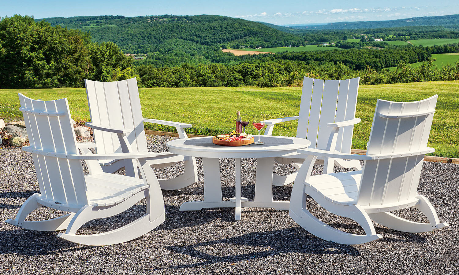 EC Woods Port Royal Outdoor Poly Chat Table with Liberty Rockers Shown in Dark Gray and Bright White