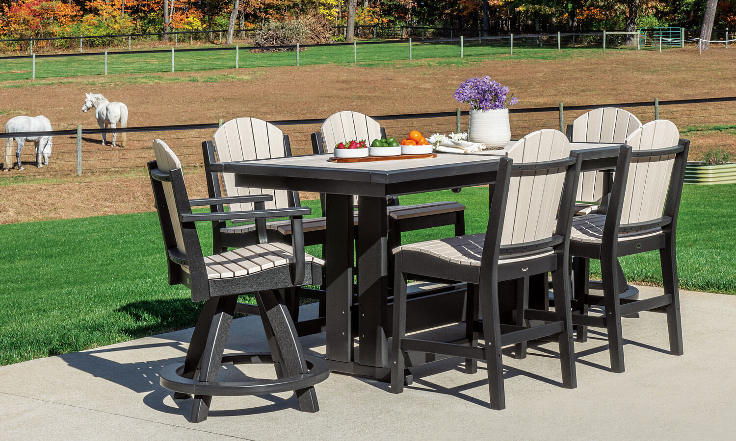 EC Woods Shawnee Outdoor Poly Counter Height Furniture Set Shown in Seashell and Black Outdoor Setting