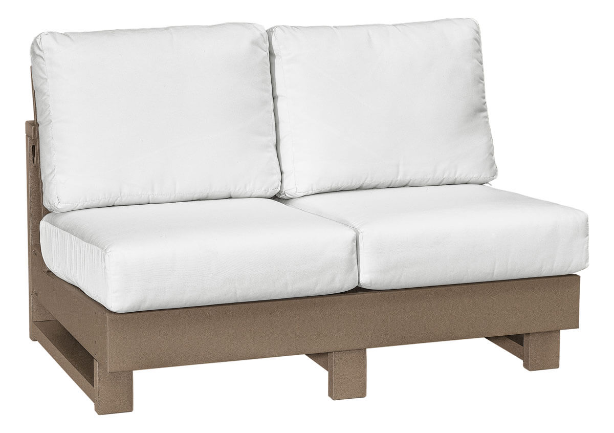 EC Woods Sonoma Outdoor Poly No Arm Loveseat Shown in Weathered Wood with Canvas Natural Cushions