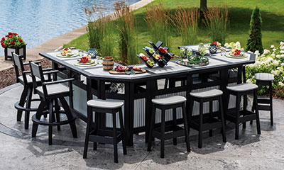 EC Woods Tacoma Outdoor Poly Bar Collection Shown in Drift Wood Gray and Black with Metal Fronts