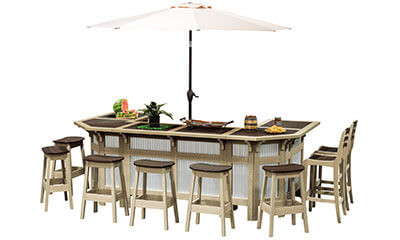 EC Woods Tacoma Outdoor Poly Bar Shown in Brazilian Walnut and Birch Wood with Metal Fronts, Metal Upper Panel Option and Umbrella Support Option