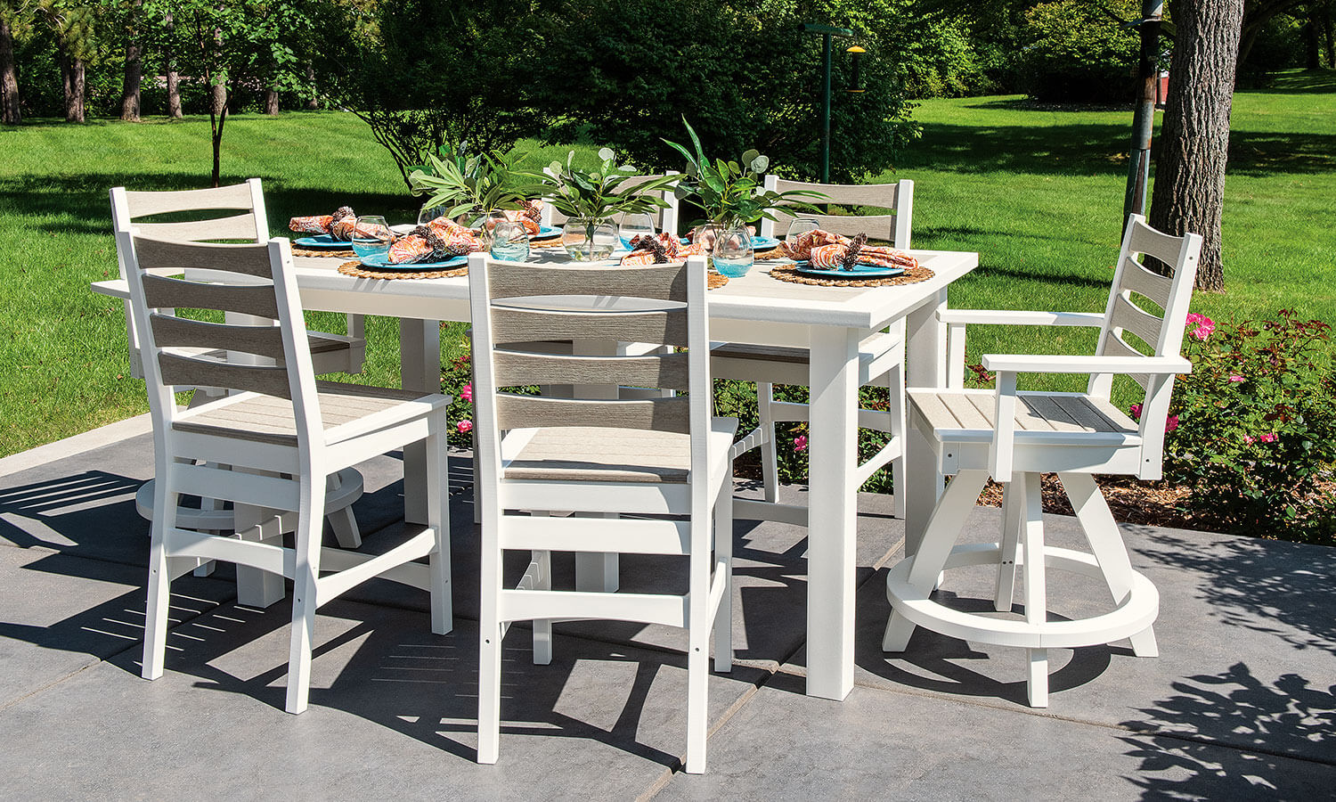 EC Woods Tacoma Outdoor Poly Counter Height Furniture Set Shown in Birch Wood and Bright White