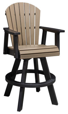 EC Woods Westbrook Outdoor Poly Bar Height Swivel Chair Shown in Weathered Wood and Black