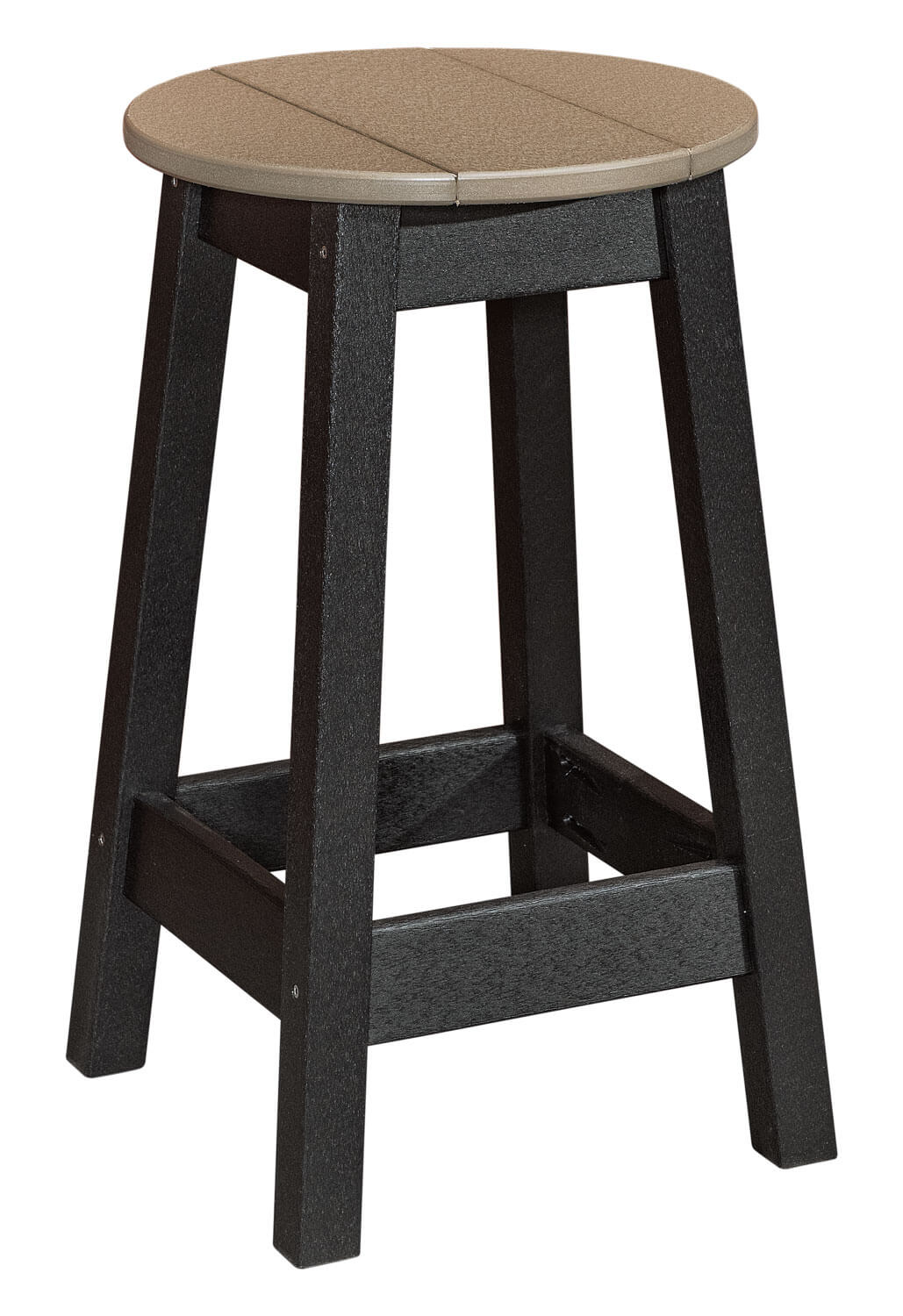 EC Woods Westbrook Outdoor Poly Counter Height Round Stool Shown in Weathered Wood and Black